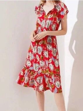 Loft Summer Blossom Tie Neck Flounce Dress Red Floral Size Large